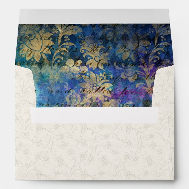 Royal Blue Purple Floral Cream Pattern Wedding Envelope (Back (Bottom))
