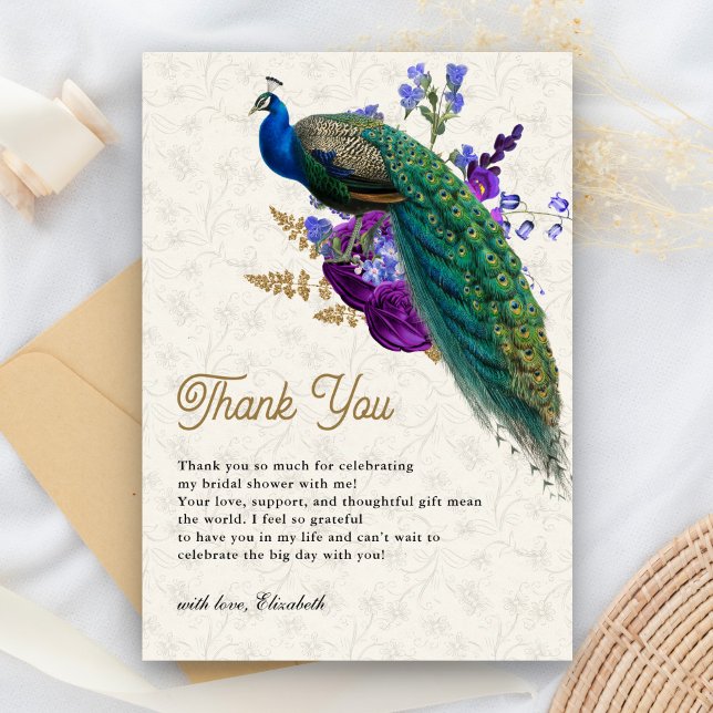 Royal Blue Purple Floral Peacock Bridal Shower Thank You Card (Creator Uploaded)