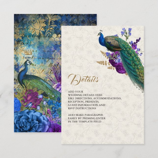 Royal Blue Purple Floral Peacock Wedding Details Enclosure Card (Front/Back)