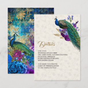 Royal Blue Purple Floral Peacock Wedding Details Enclosure Card