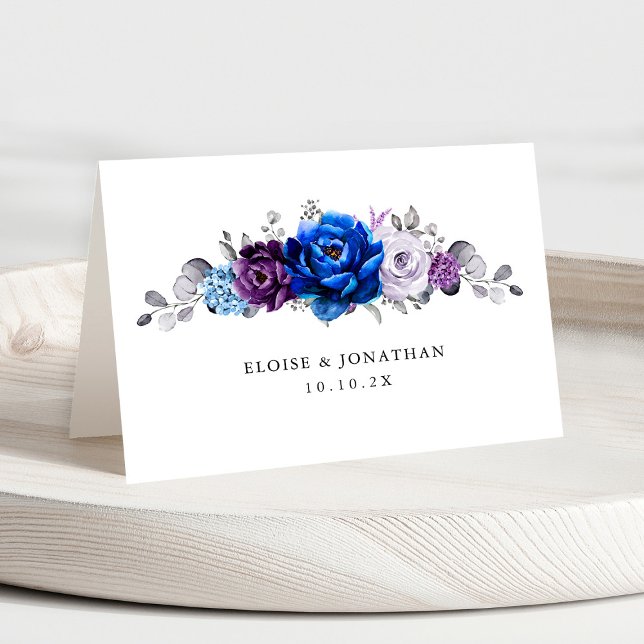 Royal Blue Purple Lilac Blooms Wedding Place Card (Royal Blue Purple Lilac Blooms Wedding Place Card with individual guest name)