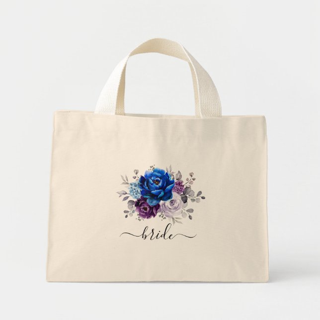Royal Blue Purple Navy Lilac Blooms Wedding Mini Tote Bag (Front)