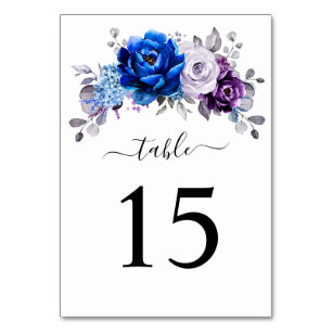 Royal Blue Purple Navy Lilac Blooms Wedding Table Number