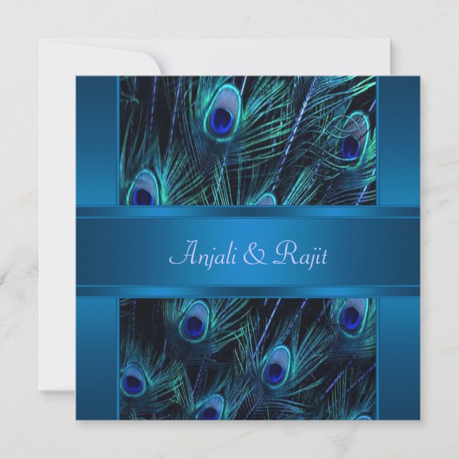 Royal Blue Purple Peacock Feathers Wedding Invitation (Front)