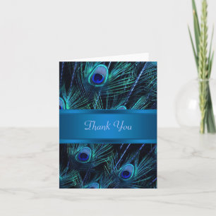 Royal Blue Purple Peacock Feathers Wedding Thank You Card
