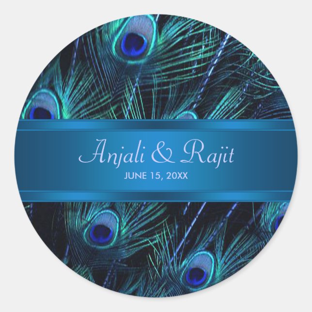 Royal Blue Purple Peacock Wedding Stickers (Front)
