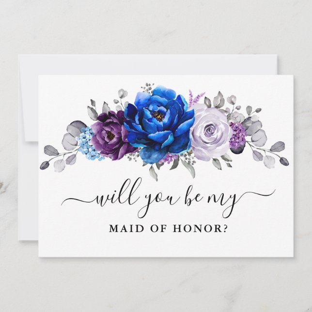 Royal Blue Purple Will you be my Maid of Honour Invitation (Front)