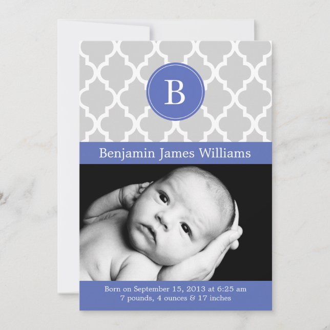 Royal Blue Quatrefoil Monogram Birth Announcements (Front)