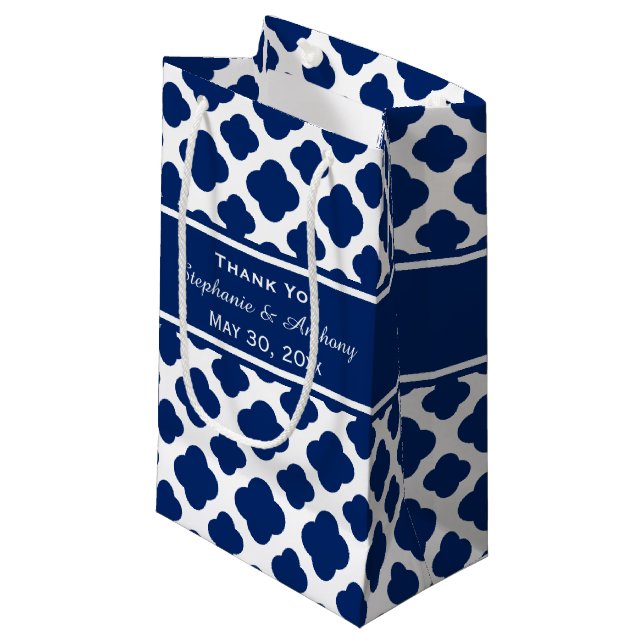 Royal Blue Quatrefoil  Wedding Thank You Small Gift Bag (Front Angled)