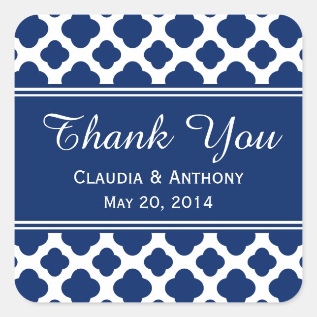 Royal Blue Quatrefoil  Wedding Thank You Square Sticker (Front)