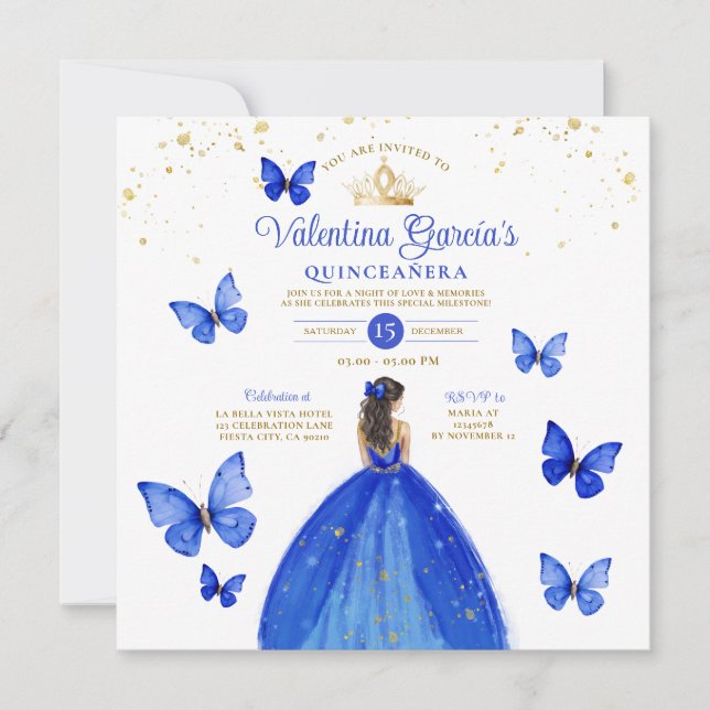 Royal Blue Quinceañera 15 Anos Butterfly Birthday Invitation (Front)