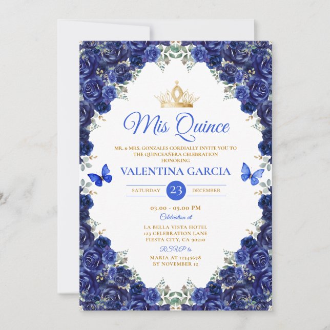 Royal Blue Quinceañera 15 Anos Flowers Gold Crown Invitation (Front)