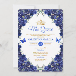 Royal Blue Quinceañera 15 Anos Flowers Gold Crown Invitation