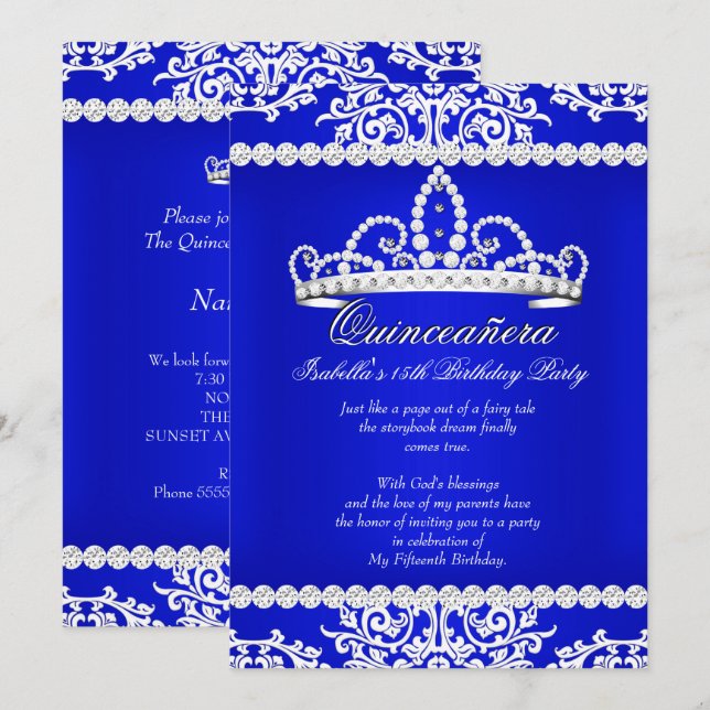 Royal Blue Quinceanera 15th Birthday Party Tiara Invitation (Front/Back)