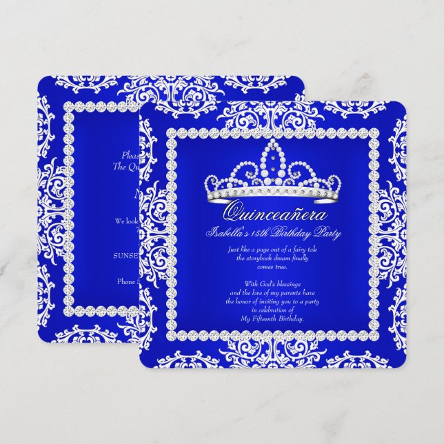 Royal Blue Quinceanera 15th Birthday Party Tiara Invitation (Front/Back)