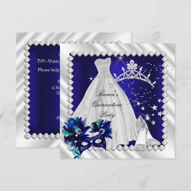 Royal Blue Quinceanera 15th Masquerade Party Invitation (Front/Back)