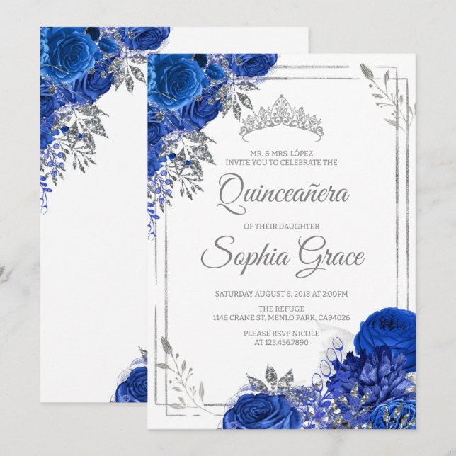Royal Blue Quinceañera Butterflies Mis Quince Invitation (Front/Back)