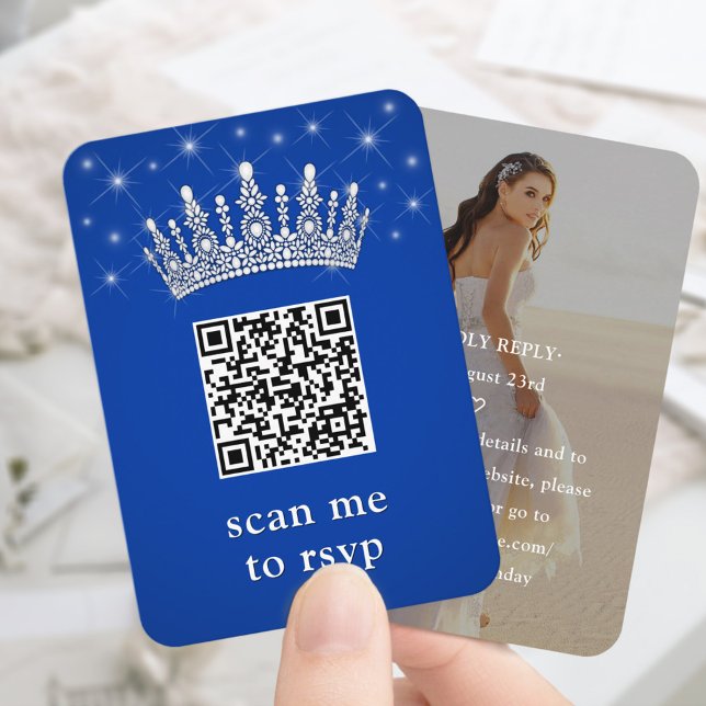 Royal Blue Quinceañera Crown & Stars QR RSVP Photo Enclosure Card (Creator Uploaded)