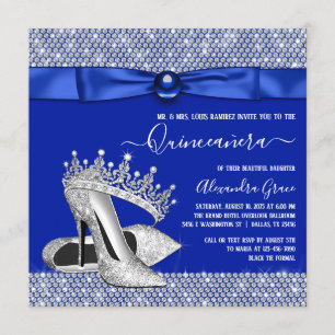 Royal Blue Quinceanera Diamond Tiara Shoe Invitation