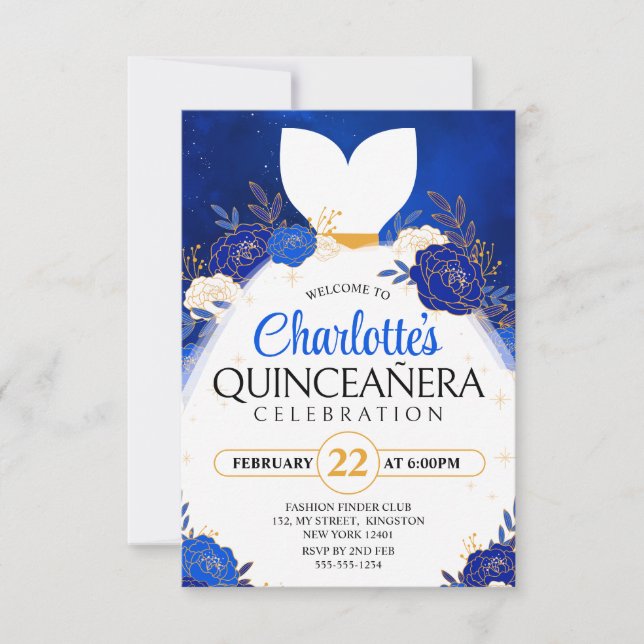 Royal Blue Quinceanera﻿ Floral Princess Dress Invitation (Front)