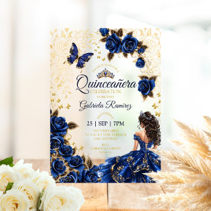 Royal Blue Quinceañera Golden Tiara Roses Acrylic Invitations