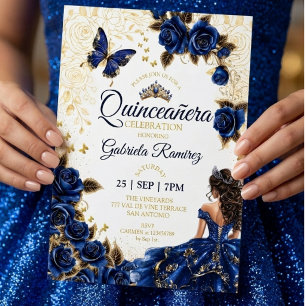 Royal Blue Quinceañera Golden Tiara Roses  Invitation