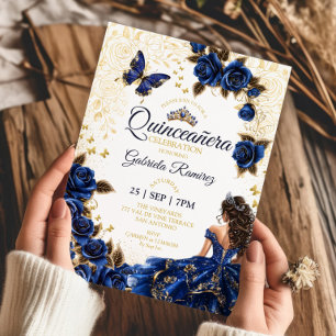 Royal Blue Quinceañera Golden Tiara Roses Invitation
