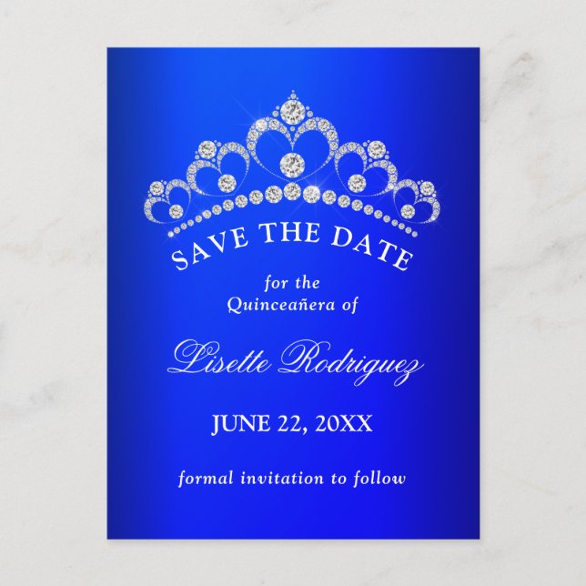 Royal Blue Quinceanera Save The Date Postcard (Front)