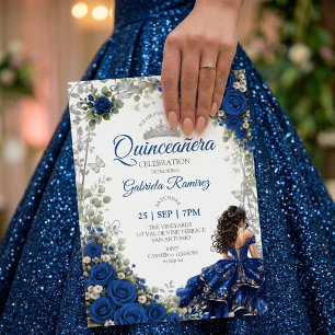 Royal Blue Quinceañera Silver Butterflies Invitation