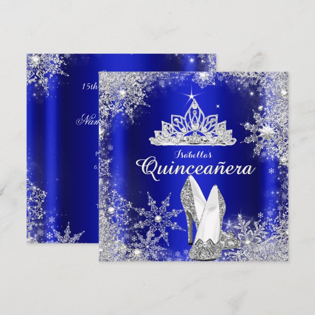 Royal Blue Quinceanera Silver Tiara 15th Birthday Invitation (Front/Back)