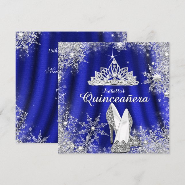 Royal Blue Quinceanera Silver Tiara 15th Birthday Invitation (Front/Back)