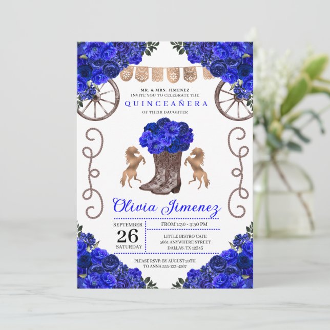 Royal Blue Ranchero Floral Boots Quinceanera Invitation (Standing Front)