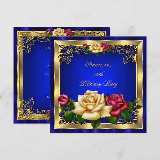 Royal Blue Red Cream Roses Gold Birthday Party Invitation (Front/Back)