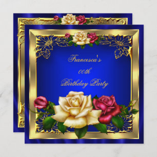Royal Blue Red Cream Roses Gold Birthday Party Invitation