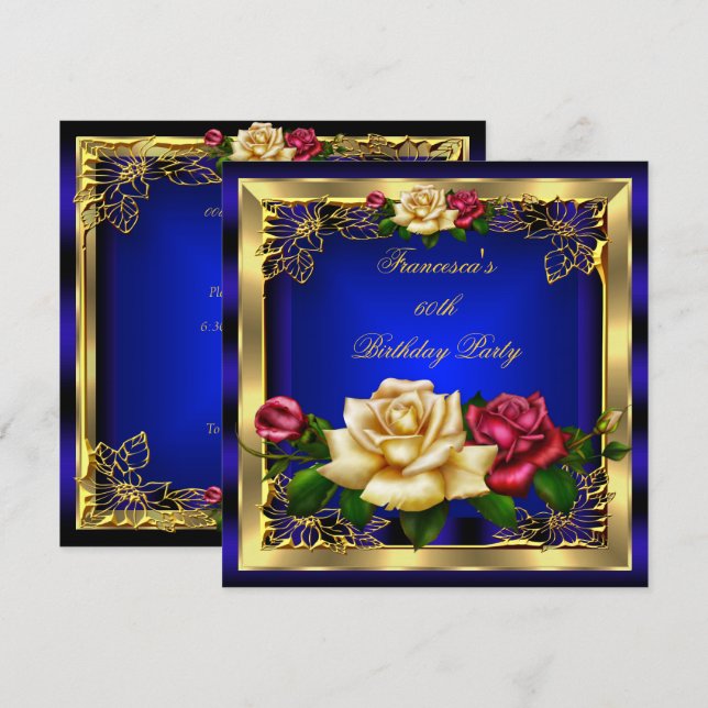 Royal Blue Red Cream Roses Gold Elegant Birthday 7 Invitation (Front/Back)