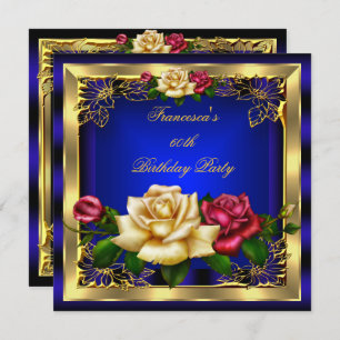 Royal Blue Red Cream Roses Gold Elegant Birthday 7 Invitation