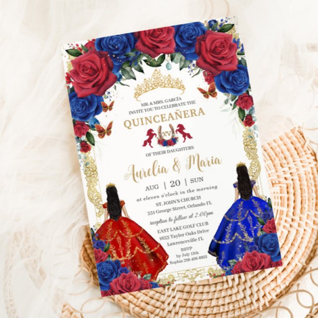 Royal Blue Red Floral Girls Twins Quinceañera 15 Invitation (Creator Uploaded)