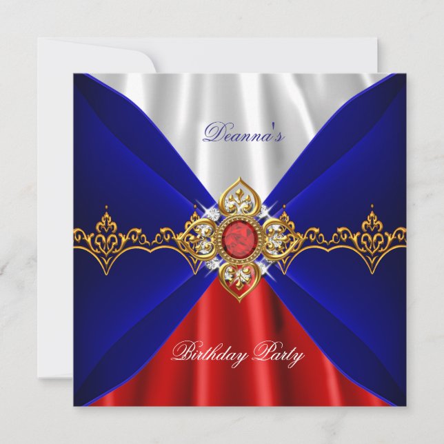Royal Blue Red White Birthday Gold Jewel Silk Invitation (Front)
