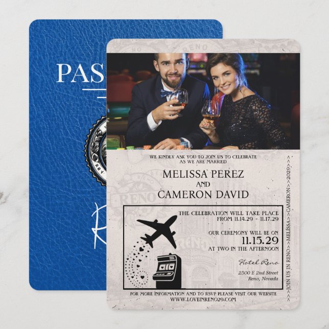 Royal Blue Reno Passport Wedding Invitation (Front/Back)