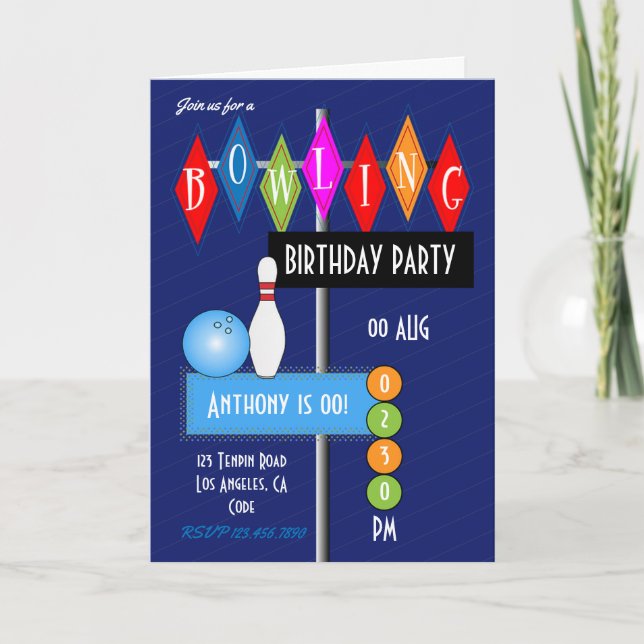 Royal Blue Retro Bowling Birthday Party Invitation (Front)
