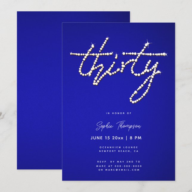 Royal Blue Rhinestones Calligraphy 30th Birthday Invitation (Front/Back)