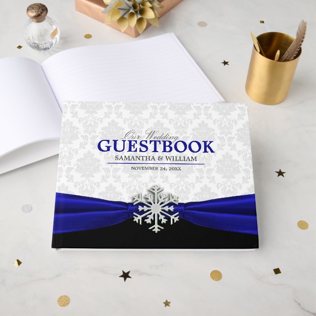Royal Blue Ribbon Winter Wedding Guest Book (Front Open)