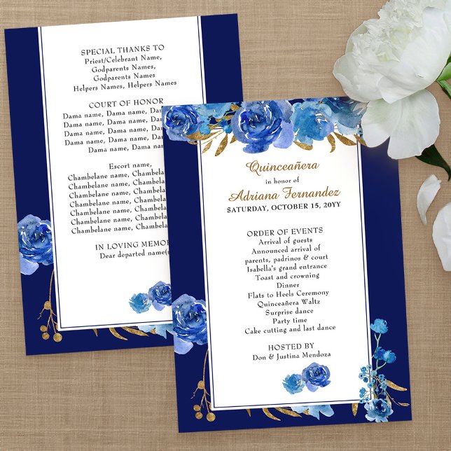 Royal Blue Rose and Elegant Gold Leaf Quinceanera Programme (Program Order of Events card from my Rose and Gold Leaf quinceanera collection)