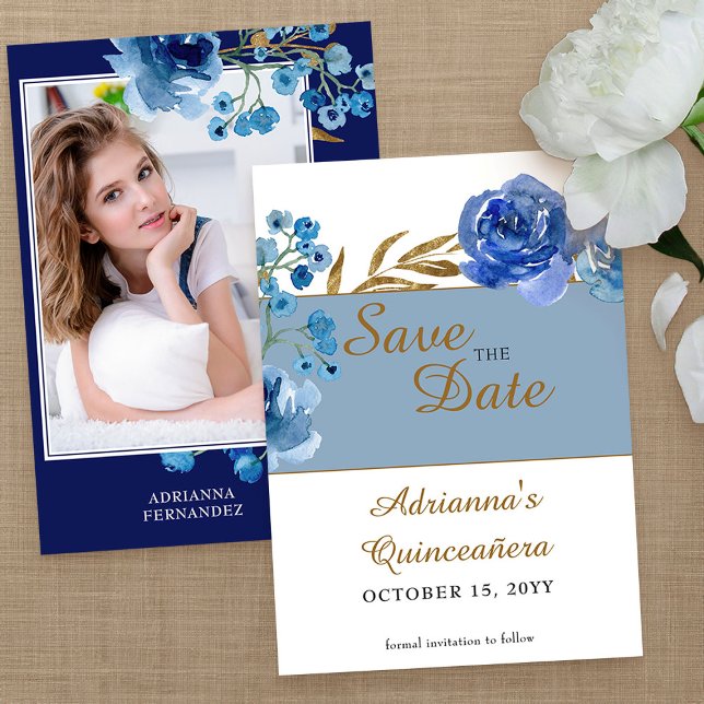 Royal Blue Rose and Gold Leaf Quinceanera Photo Save The Date (Photo Save the Date from my Rose and Gold Leaf quinceanera collection)