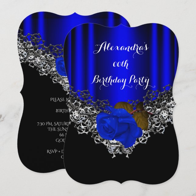 Royal Blue Rose Birthday Party Lace Black Silver Invitation (Front/Back)