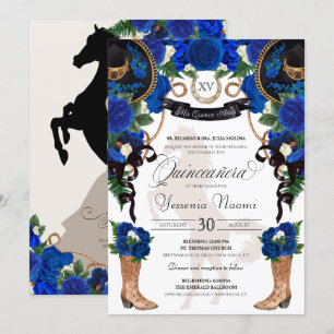 Royal Blue Rose & Black Western Charro Quinceanera Invitation