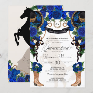 Royal Blue Rose & Black Western Charro Quinceanera Invitation