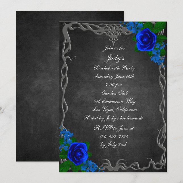 Royal Blue Rose Chalk Board Bachelorette Party Invitation (Front/Back)