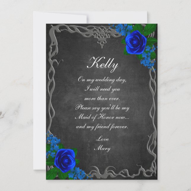 Royal Blue Rose Chalk Board Fall Maid Of Honour Invitation (Front)