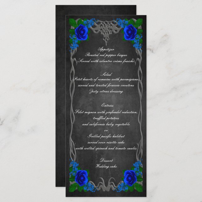 Royal Blue Rose Chalk Board Fall Wedding Menu Card (Front/Back)